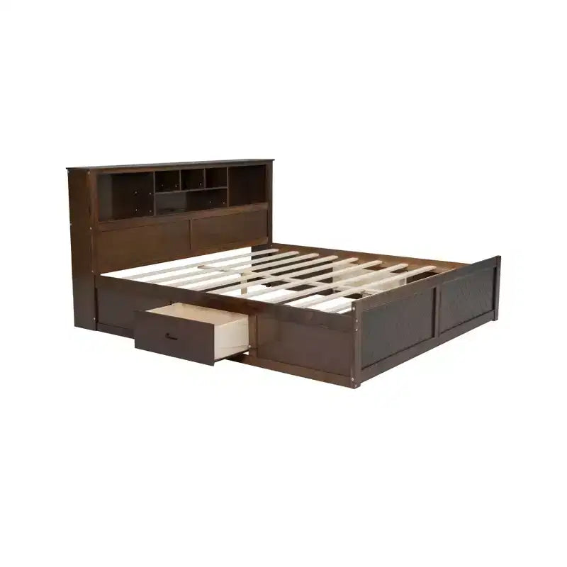 Lit plateforme King Size en bois avec tête de lit multi-rangements, USB et tiroirs, montage facile