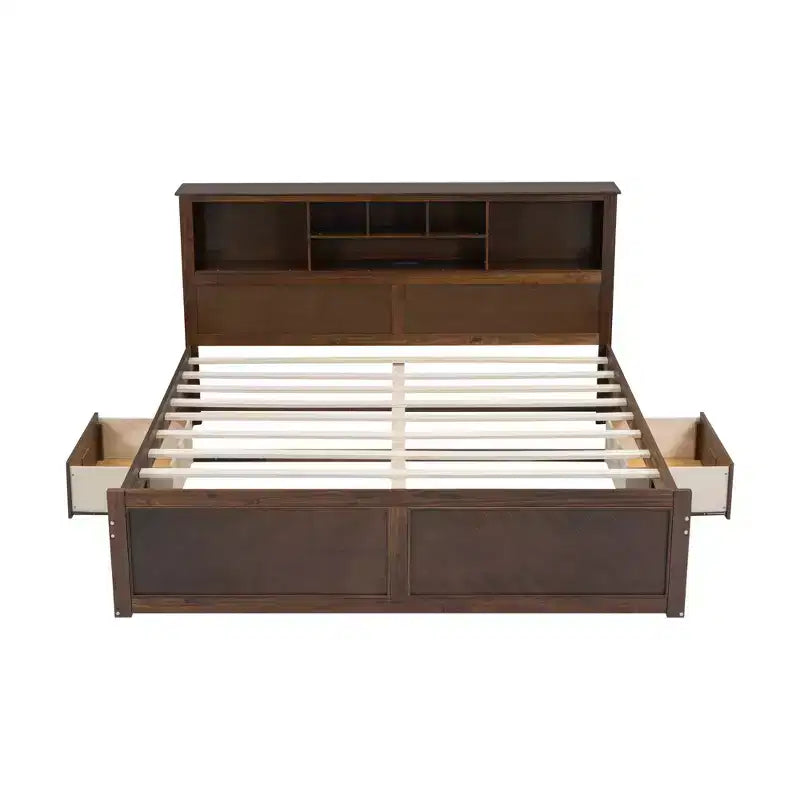 Lit plateforme King Size en bois avec tête de lit multi-rangements, USB et tiroirs, montage facile
