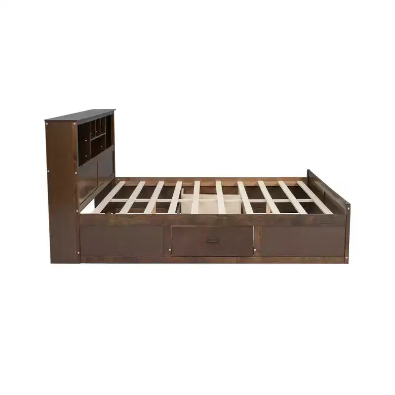 Lit plateforme King Size en bois avec tête de lit multi-rangements, USB et tiroirs, montage facile