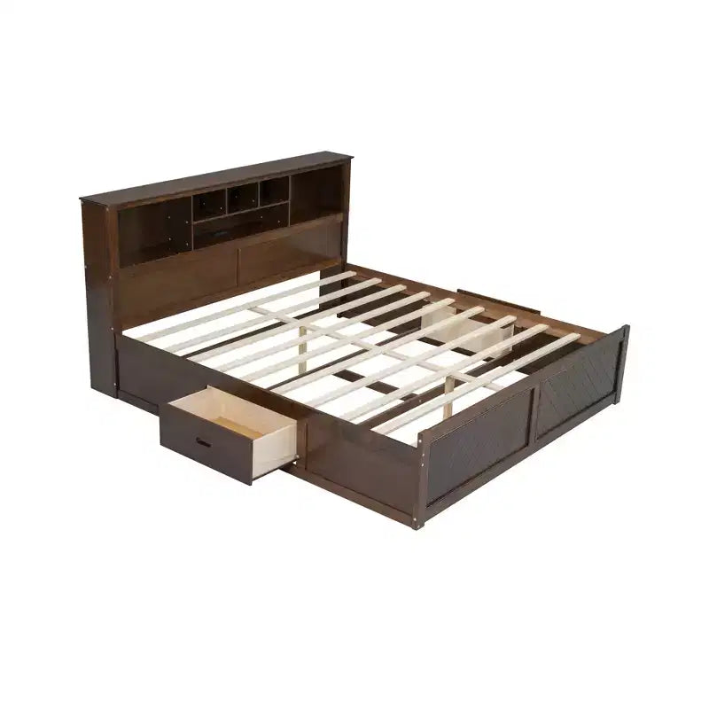 Lit plateforme King Size en bois avec tête de lit multi-rangements, USB et tiroirs, montage facile