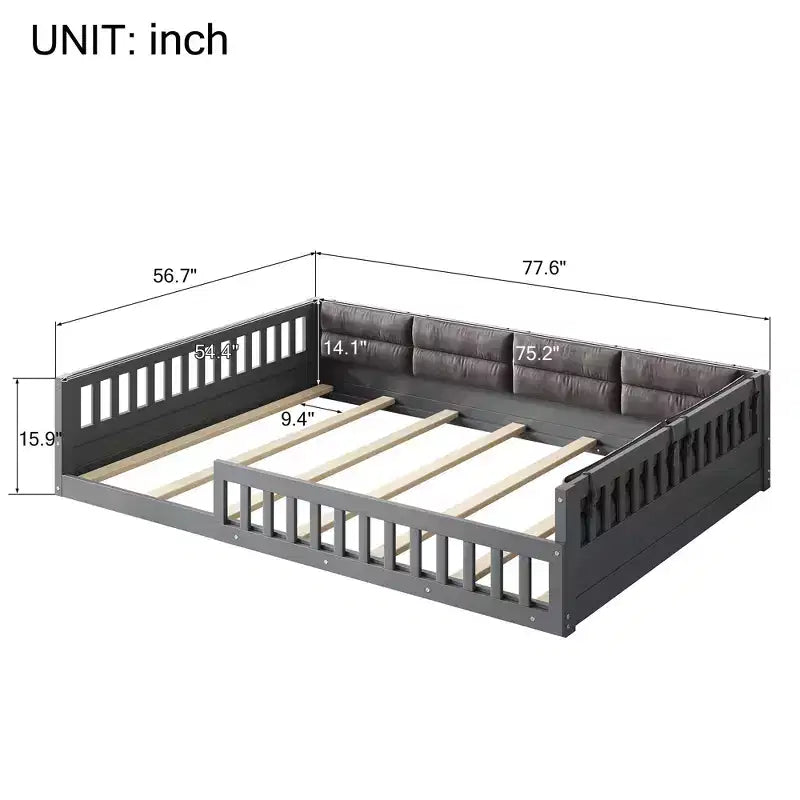 Lit plate-forme en bois pleine grandeur avec garde-corps, oreiller, assemblage facile