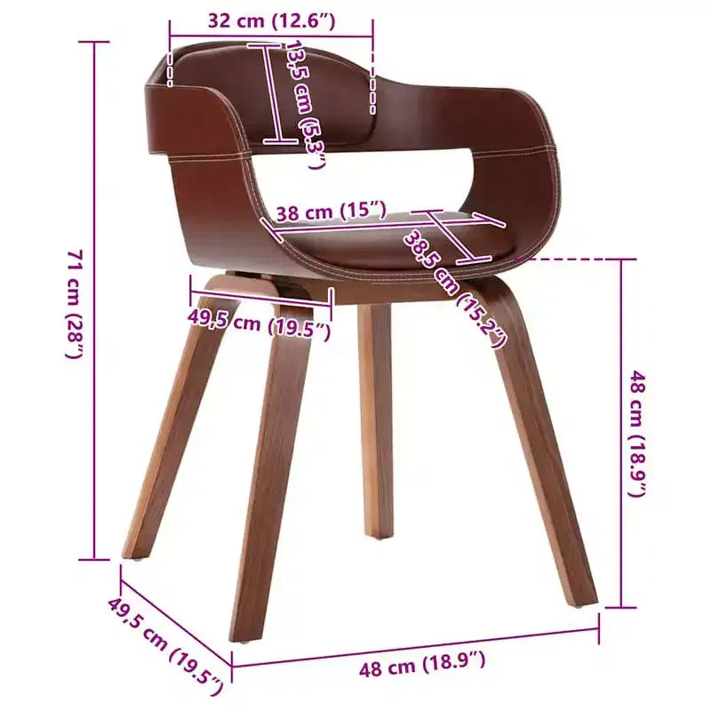 Chaise de salle à manger en similicuir marron (100 % polyester), bois courbé moyen