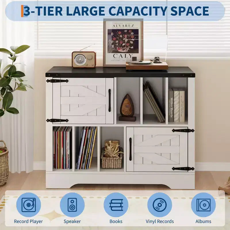 Grand meuble de rangement pour vinyles, peut contenir plus de 450 albums, meuble pour platine vinyle en bois de style ferme de 99 cm avec portes coulissantes, console multimédia pour platine vinyle pour le salon.