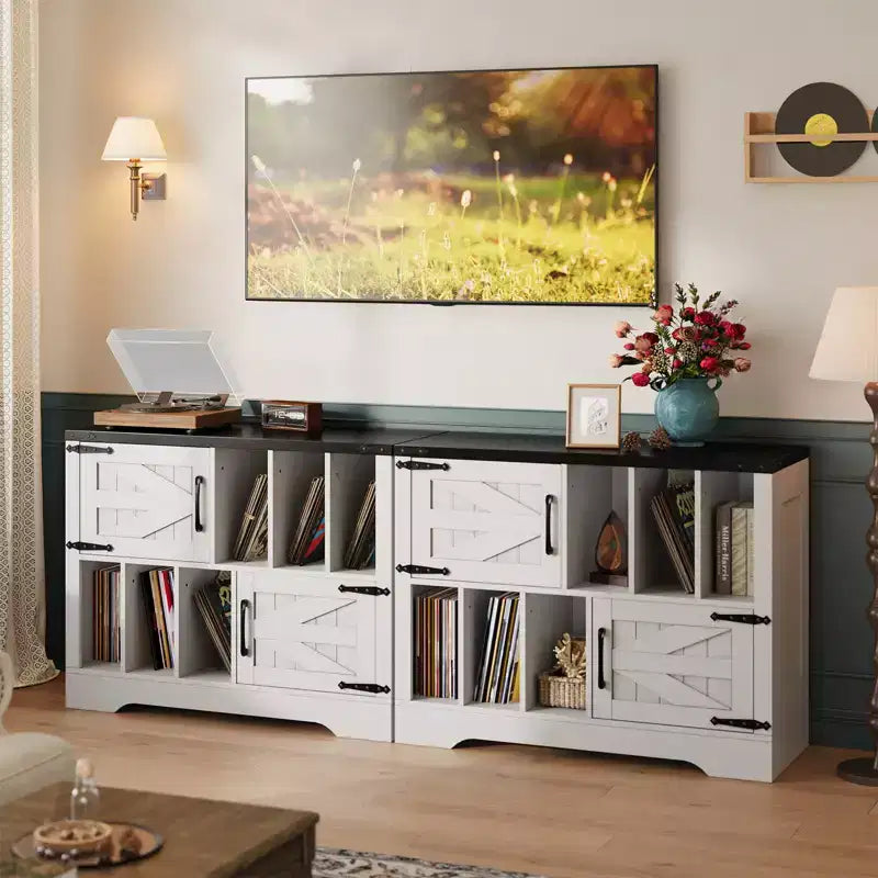 Grand meuble de rangement pour vinyles, peut contenir plus de 450 albums, meuble pour platine vinyle en bois de style ferme de 99 cm avec portes coulissantes, console multimédia pour platine vinyle pour le salon.