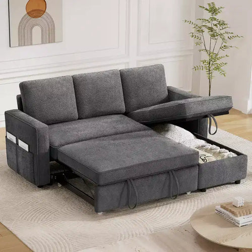Dyonery 2 in 1 Pull Out Couch with Reversible Storage Chaise 81 Sectional Sleeper Sofa Bed L-Shaped Couch with Side Pockets,Tool-Free Assembly