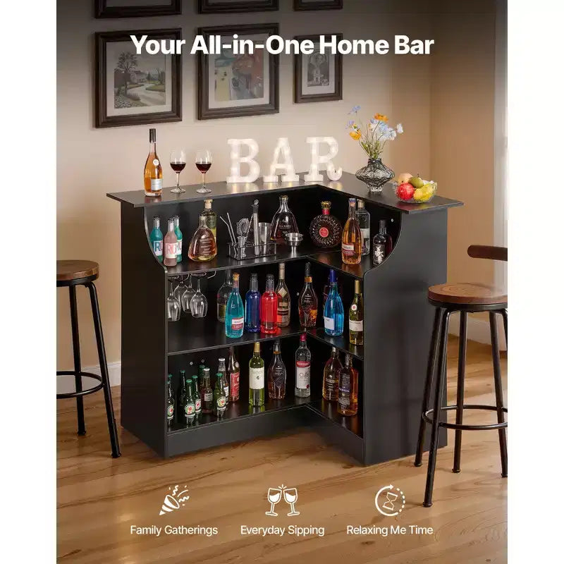 Bar de maison, Meuble bar en L avec étagères de rangement à 4 niveaux, porte-verres à vin, capacité de 136 kg max, meuble à liqueurs en bois, Noir