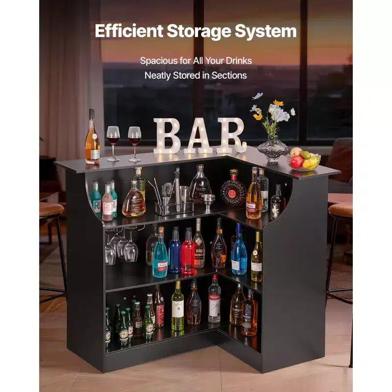 Bar de maison, Meuble bar en L avec étagères de rangement à 4 niveaux, porte-verres à vin, capacité de 136 kg max, meuble à liqueurs en bois, Noir