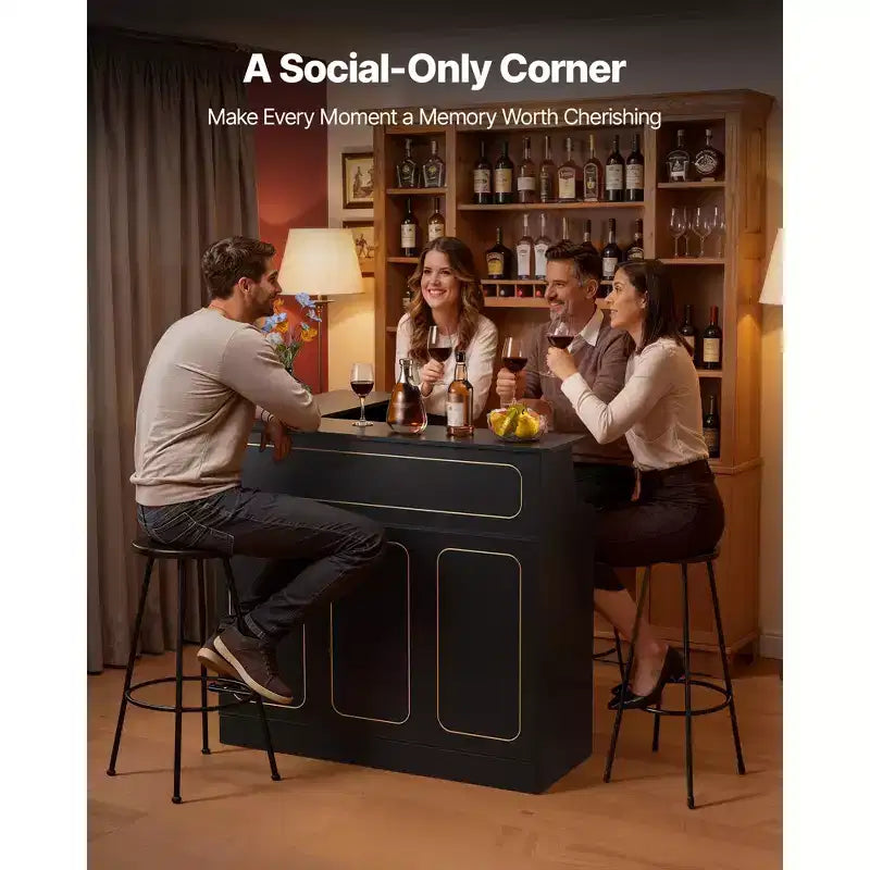 Bar de maison, Meuble bar en L avec étagères de rangement à 4 niveaux, porte-verres à vin, capacité de 136 kg max, meuble à liqueurs en bois, Noir