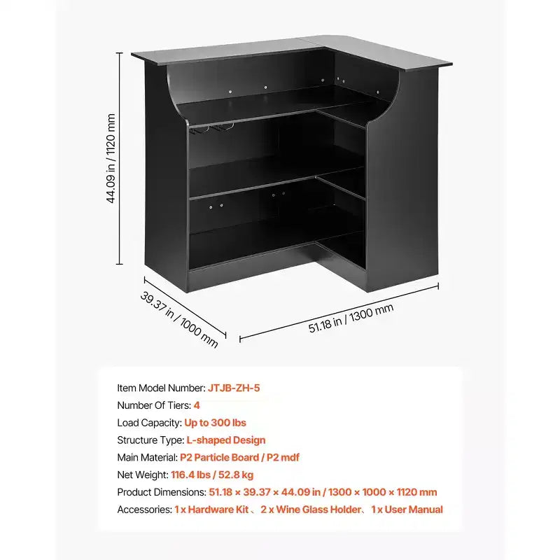 Bar de maison, Meuble bar en L avec étagères de rangement à 4 niveaux, porte-verres à vin, capacité de 136 kg max, meuble à liqueurs en bois, Noir