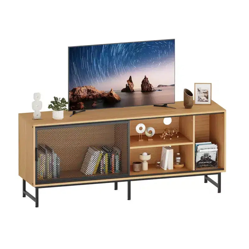 Modern Industrial TV Stand for 65 Inch TV - 63 Wood and Metal Entertainment Center with Sliding Mesh Doors & Sturdy Metal Legs