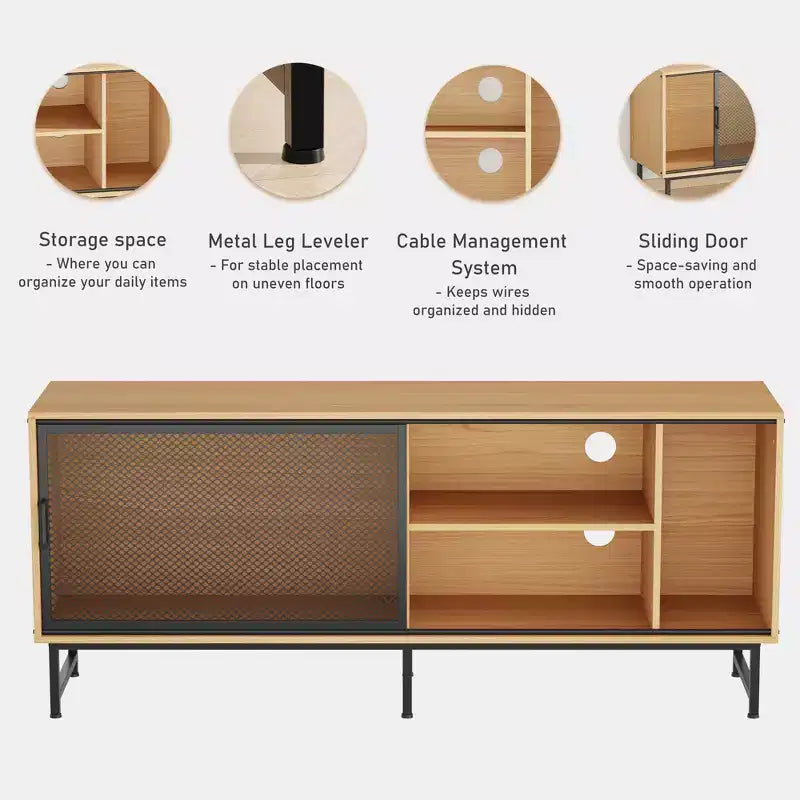 Meuble TV Industriel Moderne pour Téléviseur 65 Pouces - Meuble de Divertissement 63" en Bois et Métal avec Portes Coulissantes en Maille et Pieds Métalliques Robustes