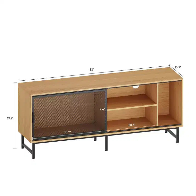 Meuble TV Industriel Moderne pour Téléviseur 65 Pouces - Meuble de Divertissement 63" en Bois et Métal avec Portes Coulissantes en Maille et Pieds Métalliques Robustes