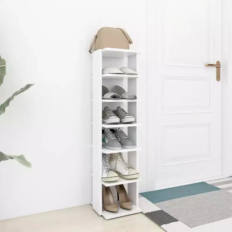 Meuble à Chaussures Haut et Étroit en Bois d'Ingénierie Blanc