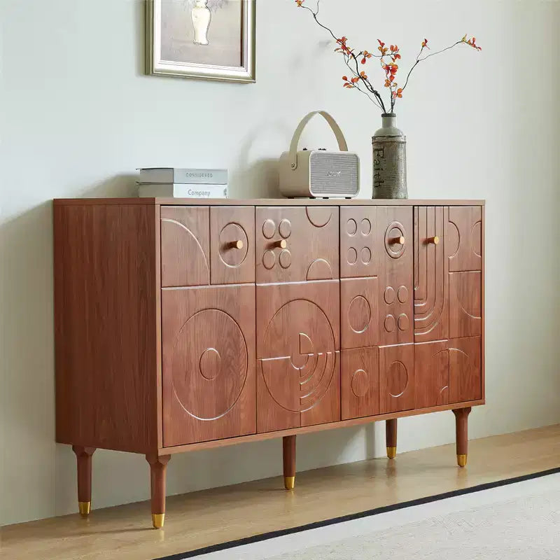 Meuble TV-Hifi Rétro Art de 59 po, Noyer avec Portes Sculptées Géométriques (Convient aux téléviseurs de 65 po)