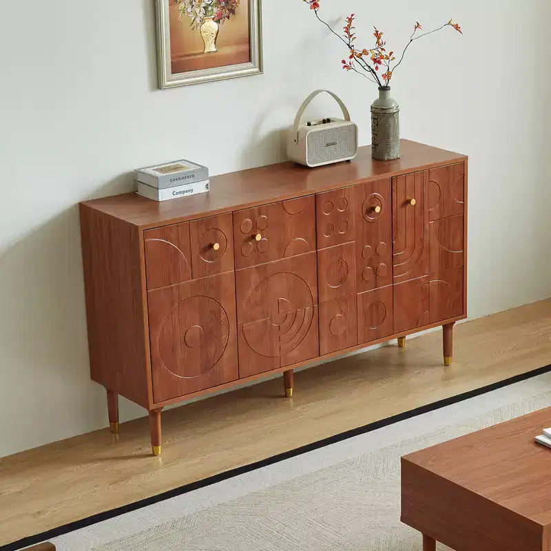 Meuble TV-Hifi Rétro Art de 59 po, Noyer avec Portes Sculptées Géométriques (Convient aux téléviseurs de 65 po)