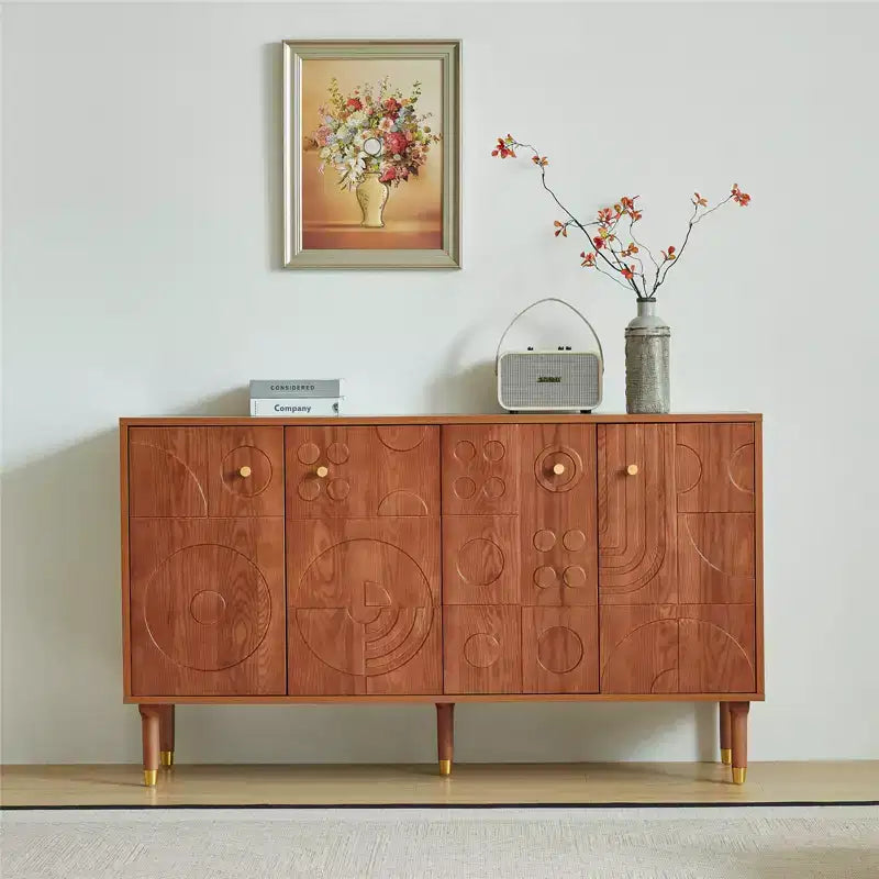 Meuble TV-Hifi Rétro Art de 59 po, Noyer avec Portes Sculptées Géométriques (Convient aux téléviseurs de 65 po)