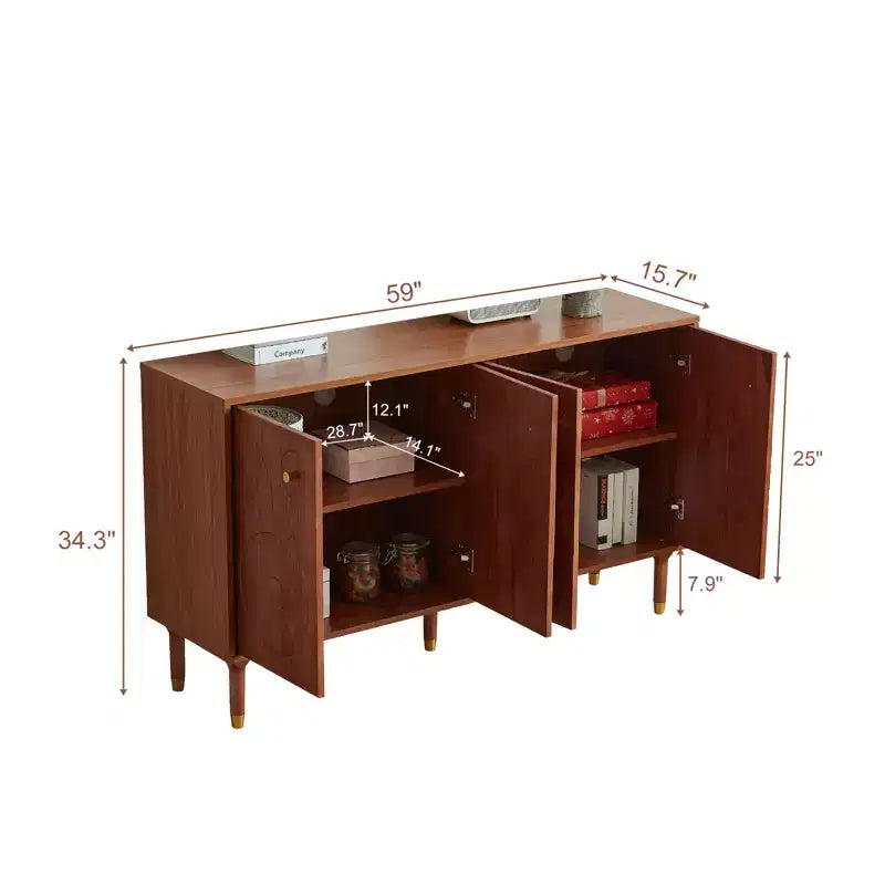 Meuble TV-Hifi Rétro Art de 59 po, Noyer avec Portes Sculptées Géométriques (Convient aux téléviseurs de 65 po)