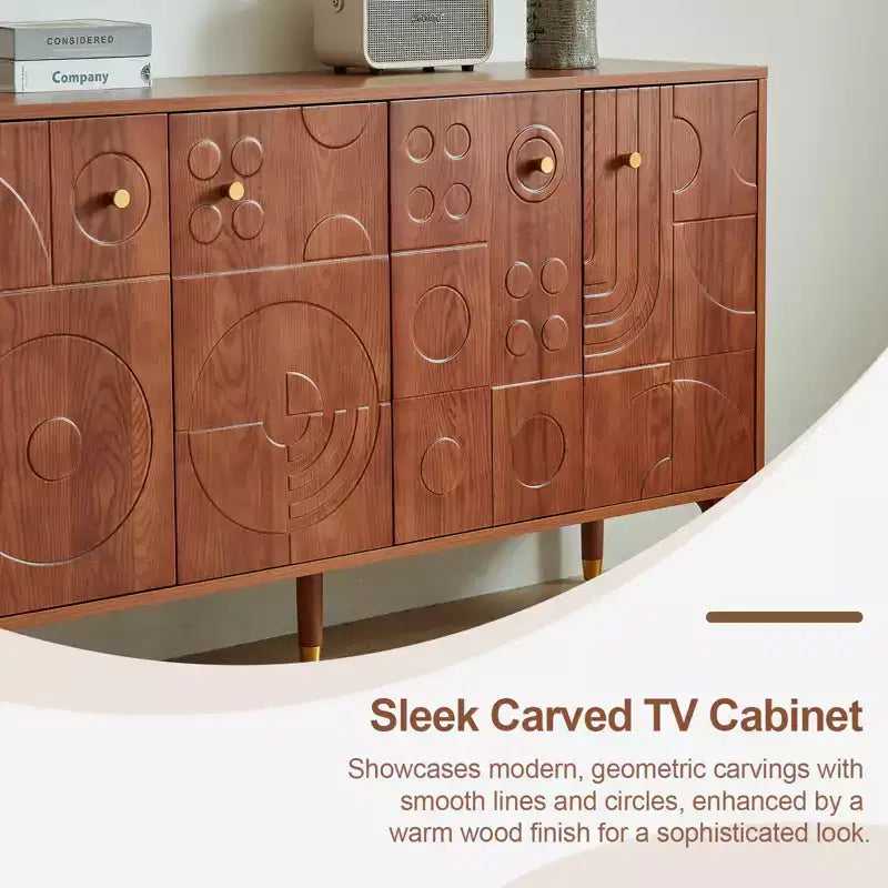 Meuble TV-Hifi Rétro Art de 59 po, Noyer avec Portes Sculptées Géométriques (Convient aux téléviseurs de 65 po)