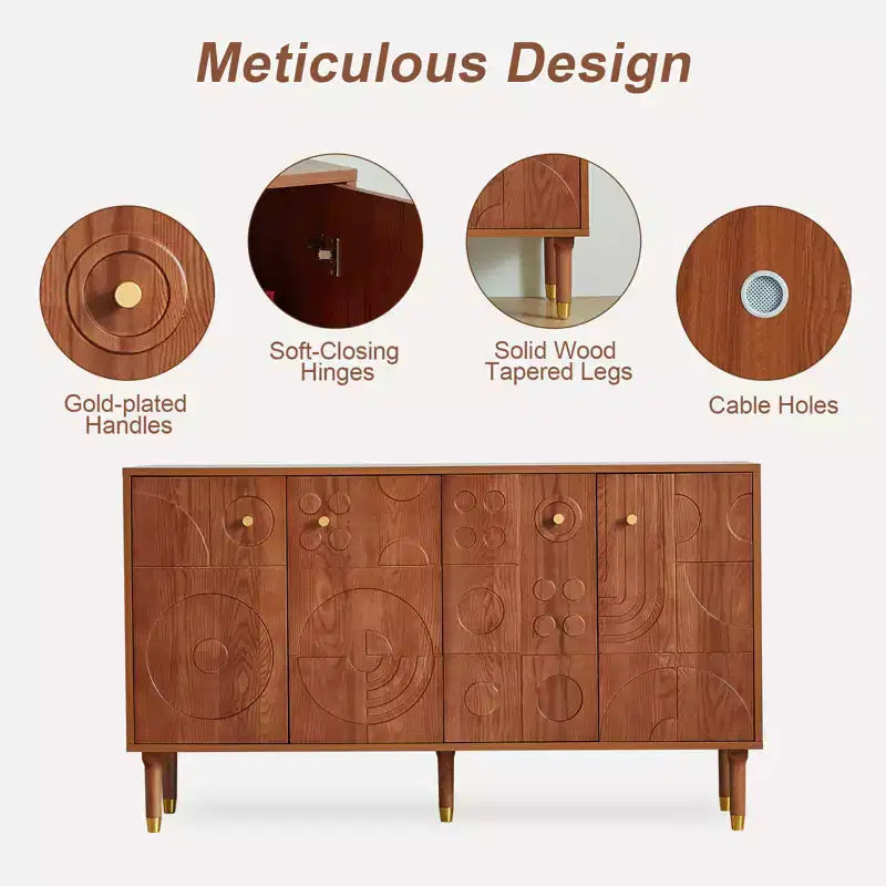 Meuble TV-Hifi Rétro Art de 59 po, Noyer avec Portes Sculptées Géométriques (Convient aux téléviseurs de 65 po)