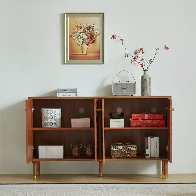 Meuble TV-Hifi Rétro Art de 59 po, Noyer avec Portes Sculptées Géométriques (Convient aux téléviseurs de 65 po)