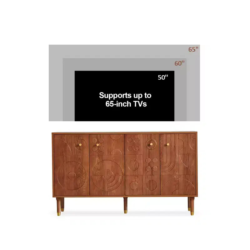 Meuble TV-Hifi Rétro Art de 59 po, Noyer avec Portes Sculptées Géométriques (Convient aux téléviseurs de 65 po)