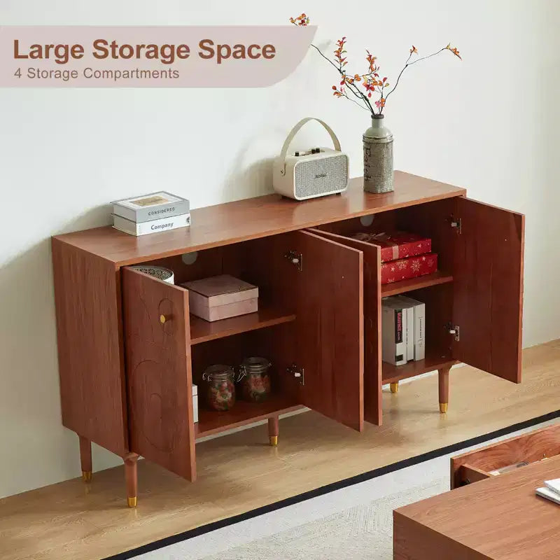 Meuble TV-Hifi Rétro Art de 59 po, Noyer avec Portes Sculptées Géométriques (Convient aux téléviseurs de 65 po)